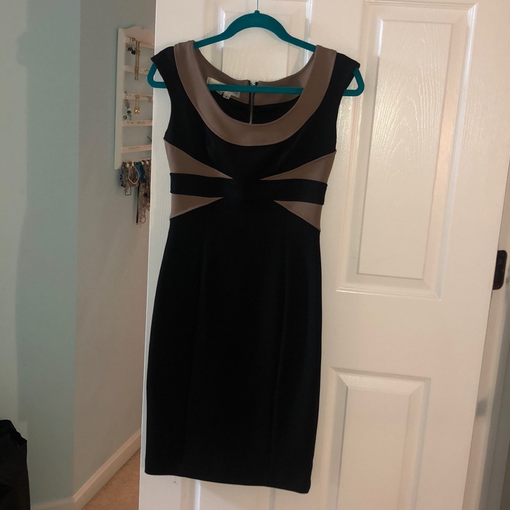 Maggy London Black and Taupe Asymmetrical Sheath Dress